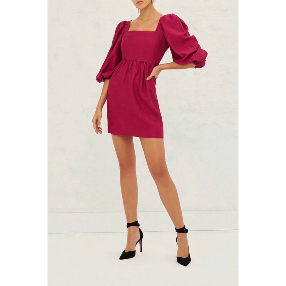 ba&sh Robe Palerme Pink Mini Dress Linen Blend Puff Sleeve Womens 0 US Size 2 XS